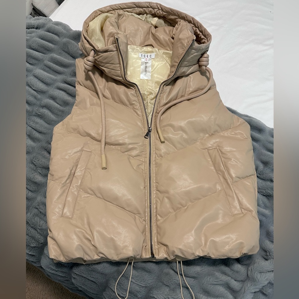 TCEC Tan Faux Leather Pocketed Puffer Vest